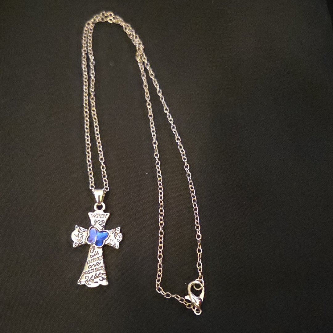 Silver Cross Pendant Necklace With Blue Accent